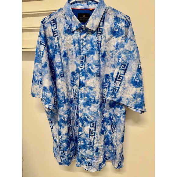 Suslo Couture Mens 4X Blue Tie Dye Silver Metallic Greek Key Slim Fit Shirt - Picture 2 of 8